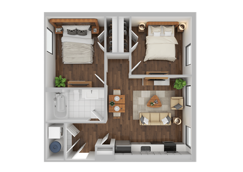 Floor plan for 2 beds, 1 bath, 635 sqft